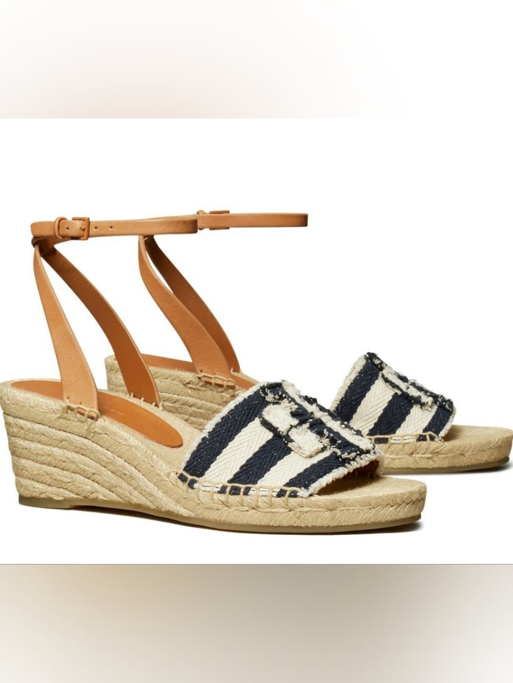 Tory Burch Ines Navy & White Striped Espadrille Wedges, Tan Ankle Strap, Size 6